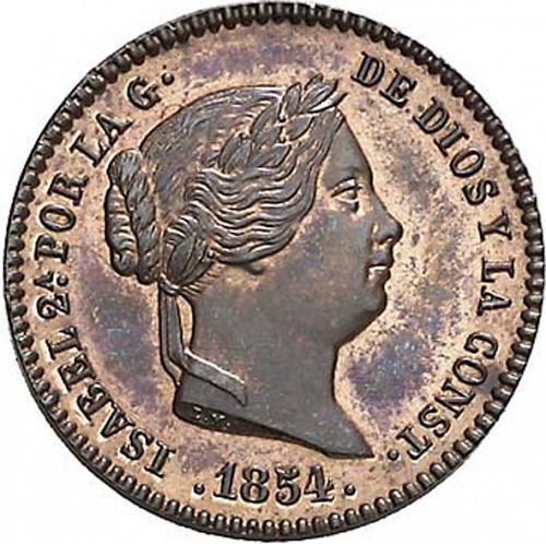5 Céntimos Real Obverse Image minted in SPAIN in 1854 (1849-64  -  ISABEL II - Decimal Coinage)  - The Coin Database