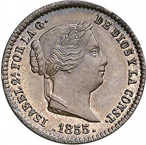 5 Céntimos Real Obverse Image minted in SPAIN in 1855 (1849-64  -  ISABEL II - Decimal Coinage)  - The Coin Database