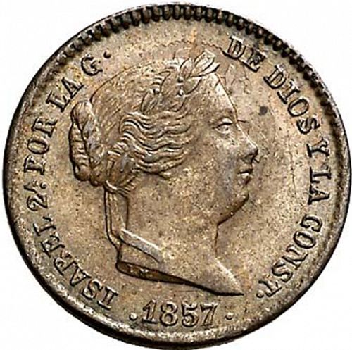 5 Céntimos Real Obverse Image minted in SPAIN in 1857 (1849-64  -  ISABEL II - Decimal Coinage)  - The Coin Database