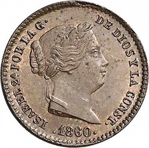 5 Céntimos Real Obverse Image minted in SPAIN in 1860 (1849-64  -  ISABEL II - Decimal Coinage)  - The Coin Database