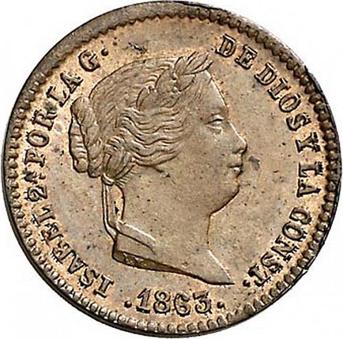 5 Céntimos Real Obverse Image minted in SPAIN in 1863 (1849-64  -  ISABEL II - Decimal Coinage)  - The Coin Database