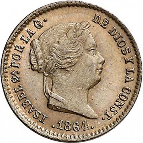 5 Céntimos Real Obverse Image minted in SPAIN in 1864 (1849-64  -  ISABEL II - Decimal Coinage)  - The Coin Database