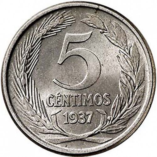 5 Céntimos Reverse Image minted in SPAIN in 1937 (1931-39  -  2nd REPUBLIC)  - The Coin Database