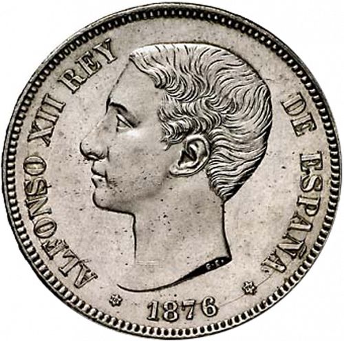 5 Pesetas Obverse Image minted in SPAIN in 1876 / 76 (1874-85  -  ALFONSO XII)  - The Coin Database