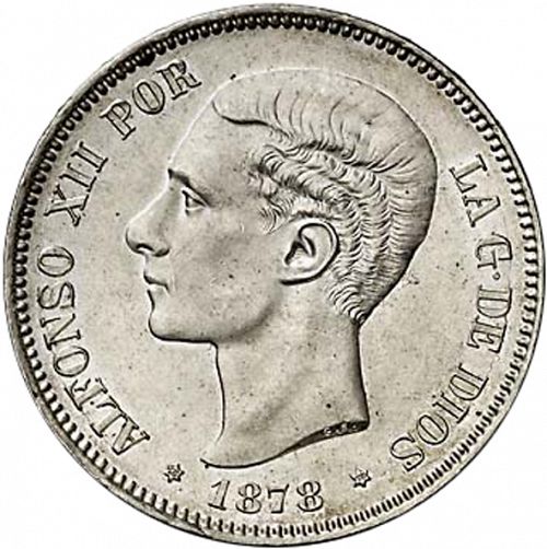 5 Pesetas Obverse Image minted in SPAIN in 1878 / 78 (1874-85  -  ALFONSO XII)  - The Coin Database