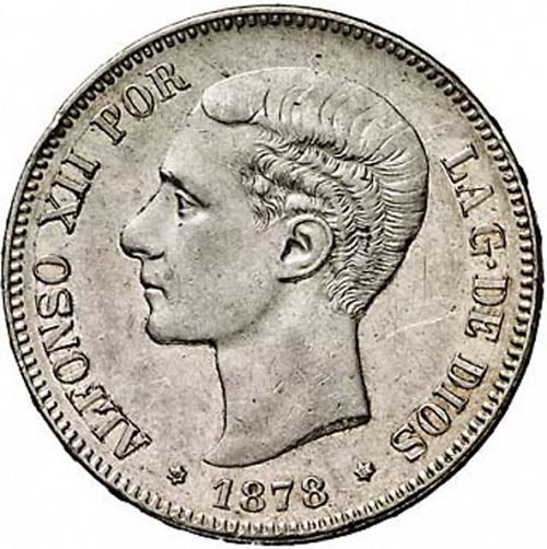 5 Pesetas Obverse Image minted in SPAIN in 1878 / 78 (1874-85  -  ALFONSO XII)  - The Coin Database