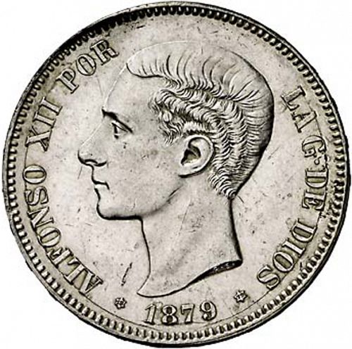 5 Pesetas Obverse Image minted in SPAIN in 1879 / 79 (1874-85  -  ALFONSO XII)  - The Coin Database