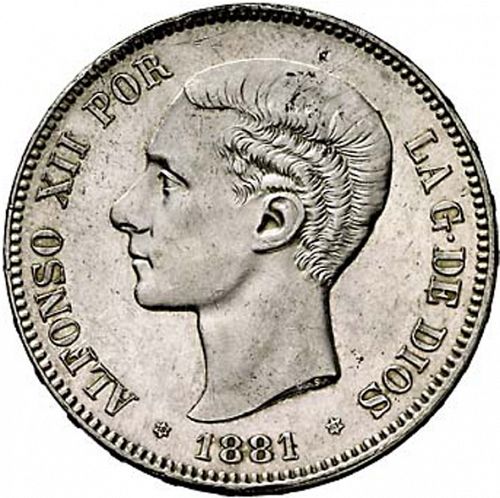 5 Pesetas Obverse Image minted in SPAIN in 1881 / 81 (1874-85  -  ALFONSO XII)  - The Coin Database