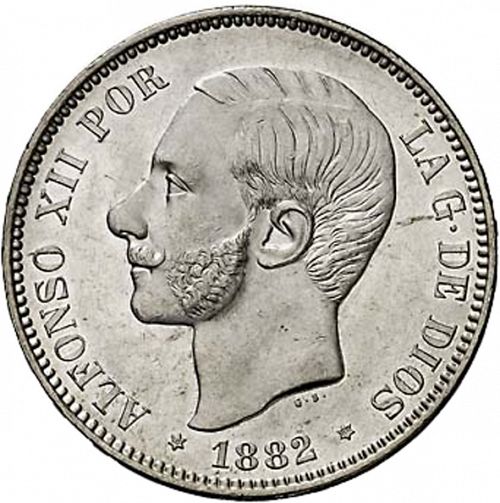 5 Pesetas Obverse Image minted in SPAIN in 1882 / 82 (1874-85  -  ALFONSO XII)  - The Coin Database