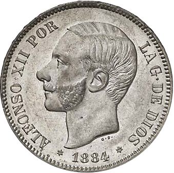 5 Pesetas Obverse Image minted in SPAIN in 1884 / 84 (1874-85  -  ALFONSO XII)  - The Coin Database