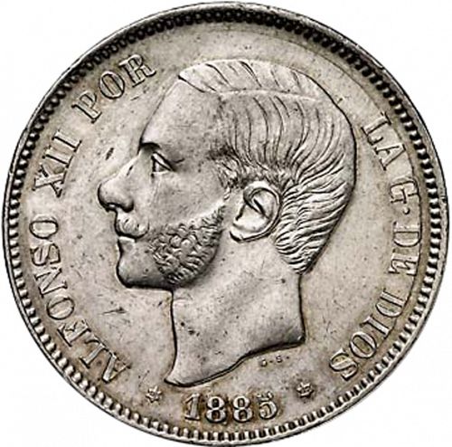 5 Pesetas Obverse Image minted in SPAIN in 1885 / 85 (1874-85  -  ALFONSO XII)  - The Coin Database