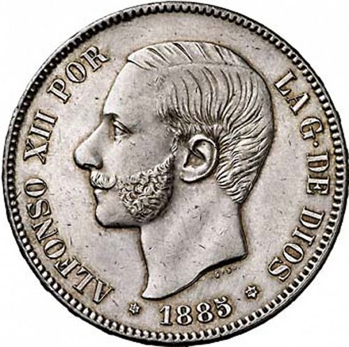 5 Pesetas Obverse Image minted in SPAIN in 1885 / 86 (1874-85  -  ALFONSO XII)  - The Coin Database