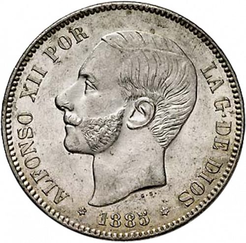 5 Pesetas Obverse Image minted in SPAIN in 1885 / 87 (1874-85  -  ALFONSO XII)  - The Coin Database