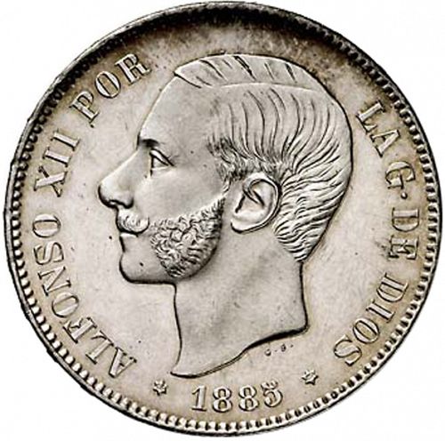 5 Pesetas Obverse Image minted in SPAIN in 1885 / 87 (1874-85  -  ALFONSO XII)  - The Coin Database