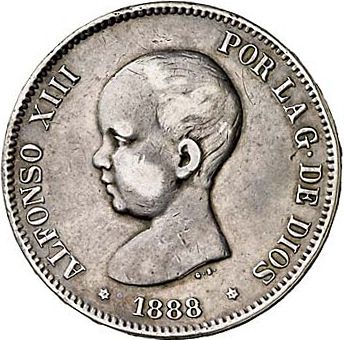 5 Pesetas Obverse Image minted in SPAIN in 1888 / 88 (1886-31  -  ALFONSO XIII)  - The Coin Database