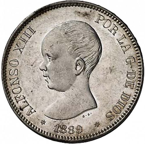 5 Pesetas Obverse Image minted in SPAIN in 1889 / 89 (1886-31  -  ALFONSO XIII)  - The Coin Database