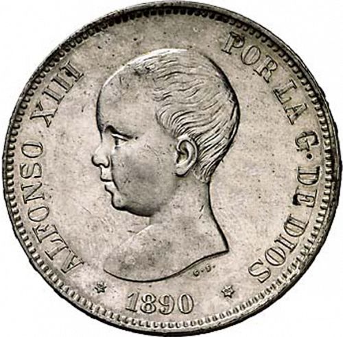 5 Pesetas Obverse Image minted in SPAIN in 1890 / 90 (1886-31  -  ALFONSO XIII)  - The Coin Database