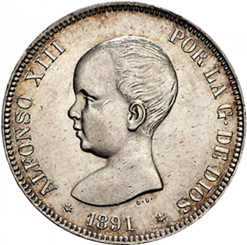 5 Pesetas Obverse Image minted in SPAIN in 1891 / 91 (1886-31  -  ALFONSO XIII)  - The Coin Database