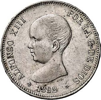 5 Pesetas Obverse Image minted in SPAIN in 1892 / 92 (1886-31  -  ALFONSO XIII)  - The Coin Database