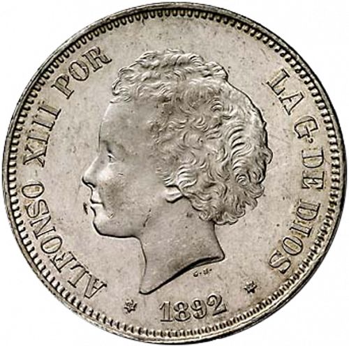 5 Pesetas Obverse Image minted in SPAIN in 1892 / 92 (1886-31  -  ALFONSO XIII)  - The Coin Database