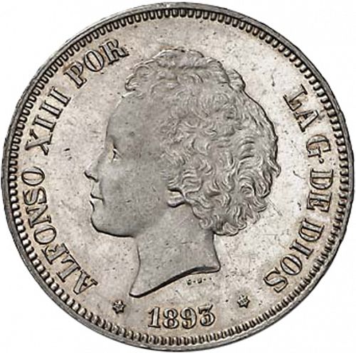 5 Pesetas Obverse Image minted in SPAIN in 1893 / 93 (1886-31  -  ALFONSO XIII)  - The Coin Database