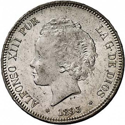 5 Pesetas Obverse Image minted in SPAIN in 1893 / 93 (1886-31  -  ALFONSO XIII)  - The Coin Database