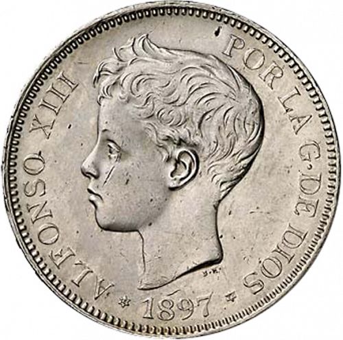 5 Pesetas Obverse Image minted in SPAIN in 1897 / 97 (1886-31  -  ALFONSO XIII)  - The Coin Database