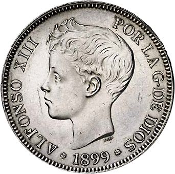 5 Pesetas Obverse Image minted in SPAIN in 1899 / 99 (1886-31  -  ALFONSO XIII)  - The Coin Database