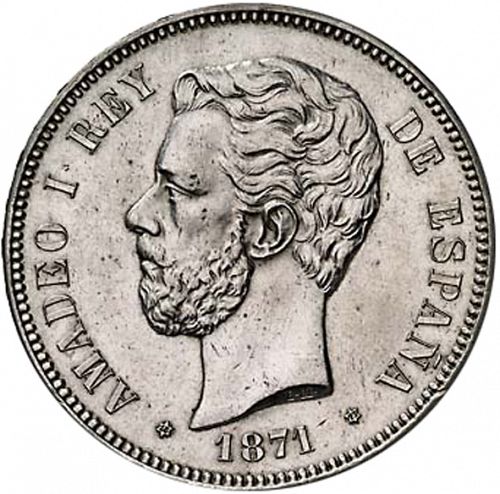 5 Pesetas Obverse Image minted in SPAIN in 1871 / 71 (1871-73  -  AMADEO I)  - The Coin Database
