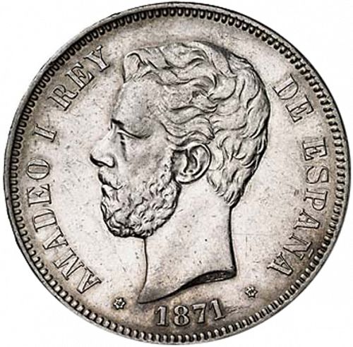 5 Pesetas Obverse Image minted in SPAIN in 1871 / 74 (1871-73  -  AMADEO I)  - The Coin Database