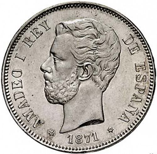 5 Pesetas Obverse Image minted in SPAIN in 1871 / 75 (1871-73  -  AMADEO I)  - The Coin Database
