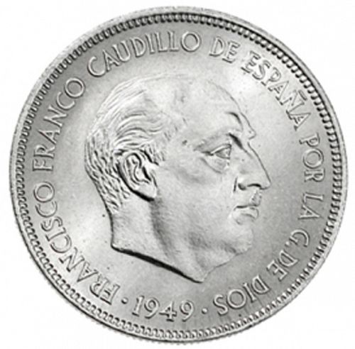 5 Pesetas Obverse Image minted in SPAIN in 1949 / 49 (1936-75  -  NATIONALIST GOVERMENT)  - The Coin Database
