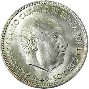 5 Pesetas Obverse Image minted in SPAIN in 1949 / 50 (1936-75  -  NATIONALIST GOVERMENT)  - The Coin Database