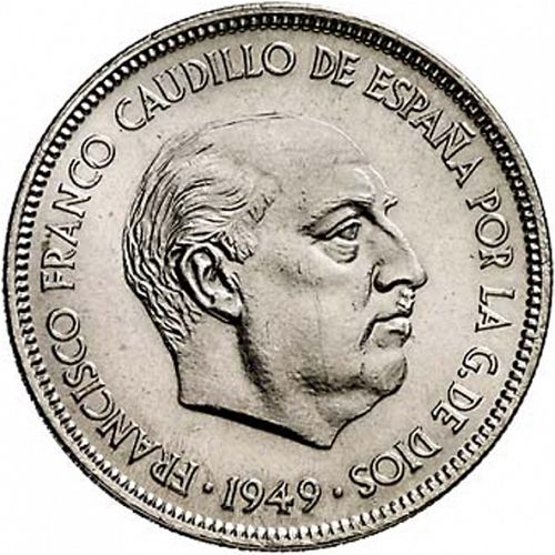 5 Pesetas Obverse Image minted in SPAIN in 1949 / 51 (1936-75  -  NATIONALIST GOVERMENT)  - The Coin Database