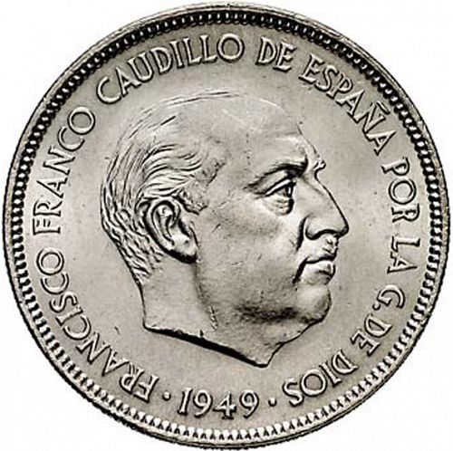 5 Pesetas Obverse Image minted in SPAIN in 1949 / 52 (1936-75  -  NATIONALIST GOVERMENT)  - The Coin Database