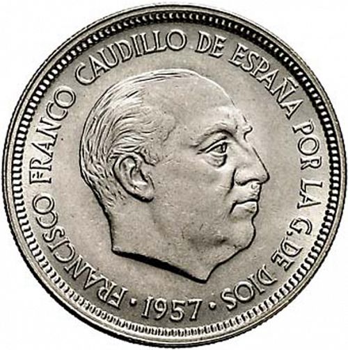 5 Pesetas Obverse Image minted in SPAIN in 1957 / 58 (1936-75  -  NATIONALIST GOVERMENT)  - The Coin Database