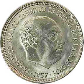 5 Pesetas Obverse Image minted in SPAIN in 1957 / 59 (1936-75  -  NATIONALIST GOVERMENT)  - The Coin Database
