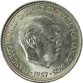 5 Pesetas Obverse Image minted in SPAIN in 1957 / 60 (1936-75  -  NATIONALIST GOVERMENT)  - The Coin Database