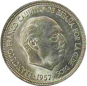 5 Pesetas Obverse Image minted in SPAIN in 1957 / 61 (1936-75  -  NATIONALIST GOVERMENT)  - The Coin Database