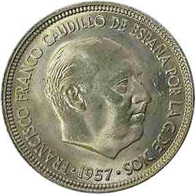 5 Pesetas Obverse Image minted in SPAIN in 1957 / 62 (1936-75  -  NATIONALIST GOVERMENT)  - The Coin Database