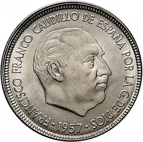 5 Pesetas Obverse Image minted in SPAIN in 1957 / 63 (1936-75  -  NATIONALIST GOVERMENT)  - The Coin Database