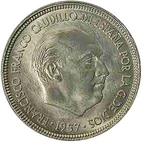 5 Pesetas Obverse Image minted in SPAIN in 1957 / 64 (1936-75  -  NATIONALIST GOVERMENT)  - The Coin Database