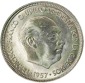 5 Pesetas Obverse Image minted in SPAIN in 1957 / 65 (1936-75  -  NATIONALIST GOVERMENT)  - The Coin Database