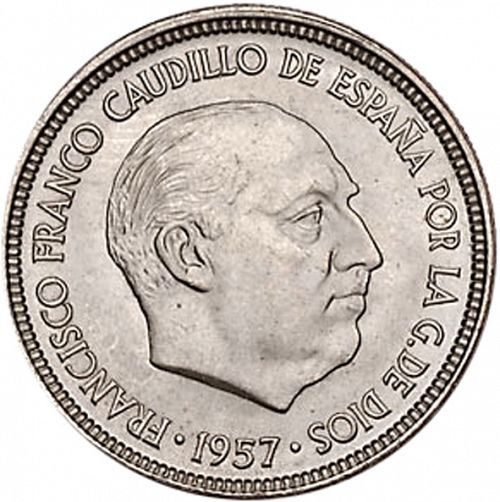 5 Pesetas Obverse Image minted in SPAIN in 1957 / 66 (1936-75  -  NATIONALIST GOVERMENT)  - The Coin Database