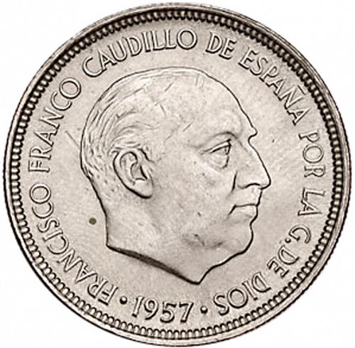 5 Pesetas Obverse Image minted in SPAIN in 1957 / 67 (1936-75  -  NATIONALIST GOVERMENT)  - The Coin Database
