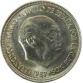 5 Pesetas Obverse Image minted in SPAIN in 1957 / 70 (1936-75  -  NATIONALIST GOVERMENT)  - The Coin Database