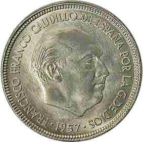 5 Pesetas Obverse Image minted in SPAIN in 1957 / 72 (1936-75  -  NATIONALIST GOVERMENT)  - The Coin Database