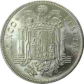 5 Pesetas Reverse Image minted in SPAIN in 1949 / 50 (1936-75  -  NATIONALIST GOVERMENT)  - The Coin Database