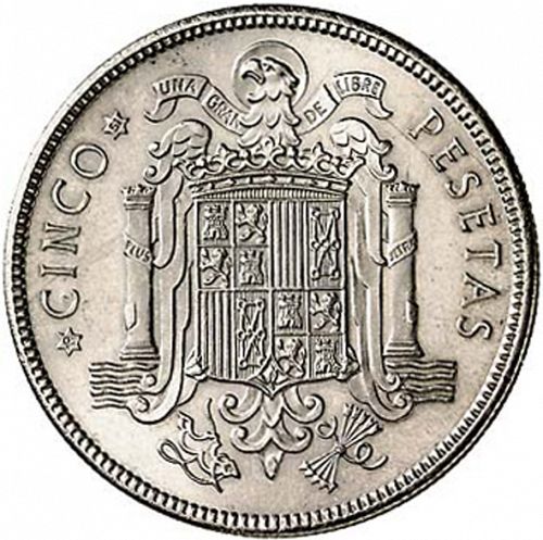 5 Pesetas Reverse Image minted in SPAIN in 1949 / 51 (1936-75  -  NATIONALIST GOVERMENT)  - The Coin Database
