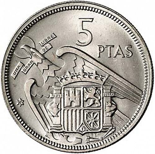 5 Pesetas Reverse Image minted in SPAIN in 1957 / 58 (1936-75  -  NATIONALIST GOVERMENT)  - The Coin Database